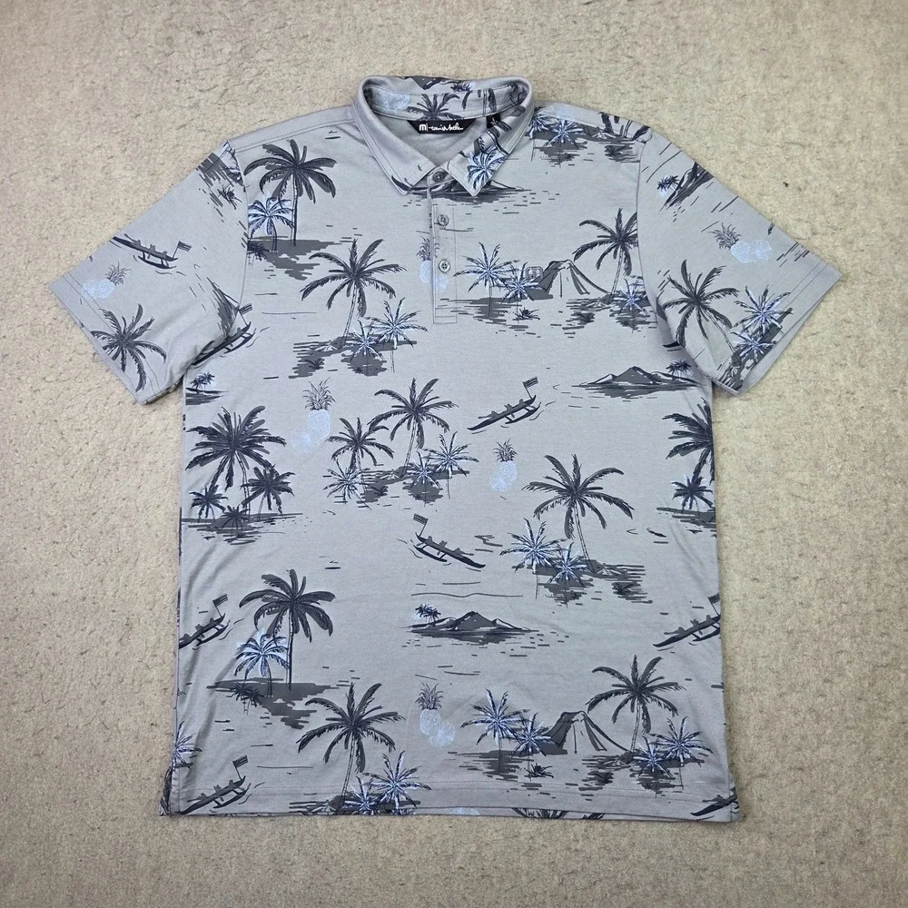Travis Mathew Golf Polo Shirt Mens L Gray Traopical Palm Trees Short Sleeve